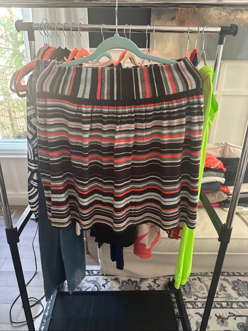 sparrow Striped Knit Mini Skirt in Black, Gray & Coral Accent